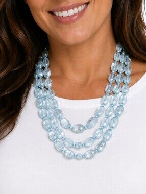 💎 Light Blue Multi Strand Statement Necklace Lucite Beaded Silver Tone GUC
